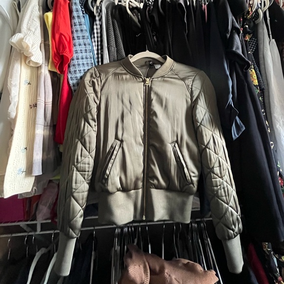 Khaki Green Fitted Satin Bomber Jacket - Picture 1 of 8